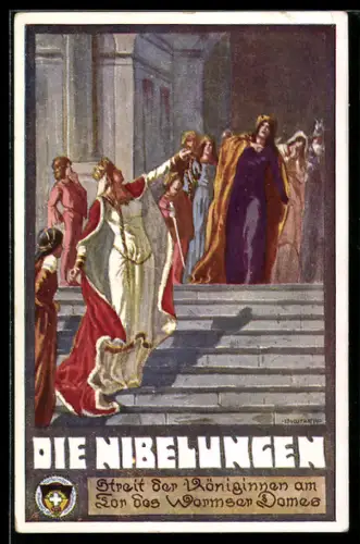 Künstler-AK Ernst Kutzer: Die Nibelungen - Streit der Königinnen am Tor des Wormser Domes
