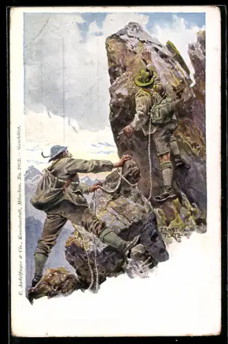 Künstler-AK Ernst Platz: Bergsteiger auf dem Weg zum Gipfel