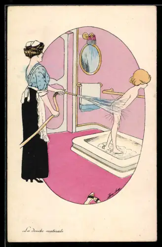 Künstler-AK Xavier Sager: Dienstmädchen duscht ein Kind