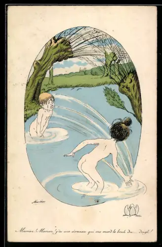 Künstler-AK Xavier Sager: Zwei Kinder planschen in einem See