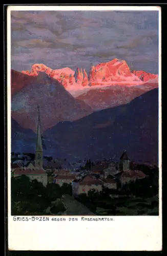 Künstler-AK Zeno Diemer: Gries-Bozen, Ortsansicht gegen Rosengarten