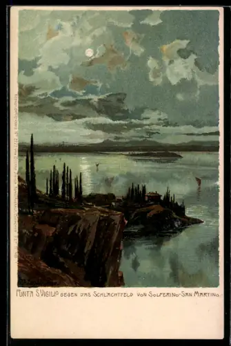 Künstler-Lithographie Zeno Diemer: Punta S. Vigilio, Blick zum Ort gegen das Schlachtfeld von Solferino-San Martino