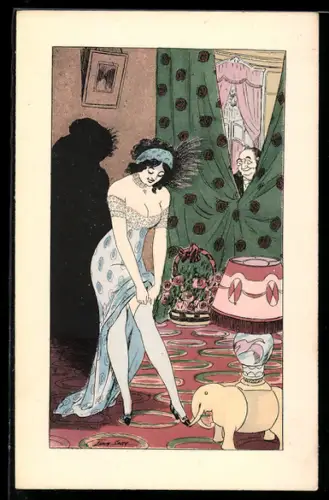 Künstler-AK Xavier Sager: Junge Schönheit im verführerischen Kleid beim Richten der Strümpfe, Voyeur