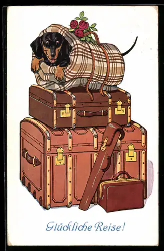 Künstler-AK P. O. Engelhard (P.O.E.): Dackel in einer Decke auf zwei Koffern