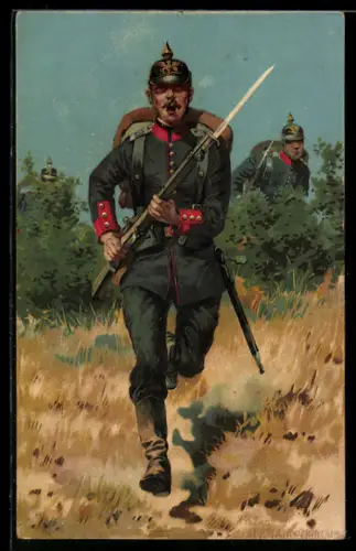 Künstler-AK Anton Hoffmann - München: Grenadier der Infanterie in Uniform mit Gewehr und Bajonett im Sturmangriff