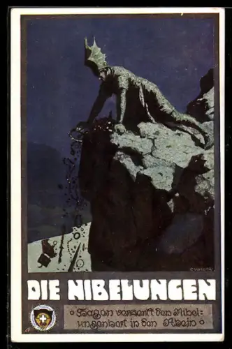 Künstler-AK Ernst Kutzer: Die Nibelungen, Hagen versenkt den Nibelungenhort