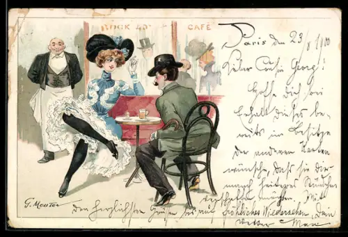 Künstler-AK Georges Mouton: Elegante junge Dame in einem Cafe