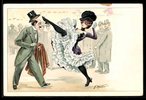 Künstler-AK Georges Mouton: Tanzende Dame kickt einem Mann den Hut vom Kopf