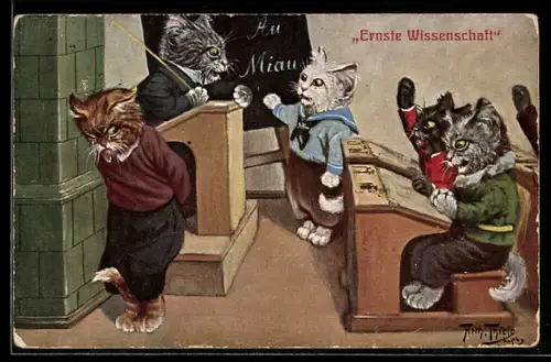 Künstler-AK A. Thiele: Ernste Wissenschaft, Schüler steht zur Strafe in der Ecke, vermenschlichte Tiere