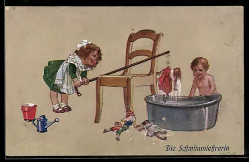 Künstler-AK Arthur Thiele: Die Schwimmlehrerin, Kinderhumor