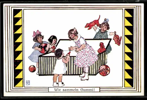 Künstler-AK M.H.S.: Kinder und ihre Spielzeugkiste, Wir sammeln Gummi