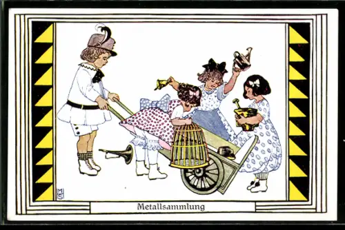 Künstler-AK M.H.S.: Kinder mit Karren bei der Metallsammlung