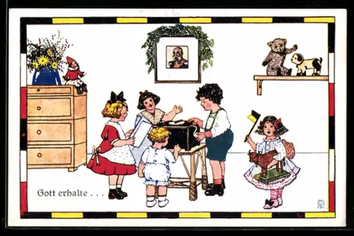 Künstler-AK M.H.S.: Unsere Kinder im Weltkriege, Kinder singen unter dem Bild des Kaisers ein Lied, Grammophon