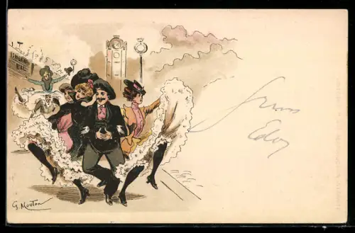 Künstler-AK Georges Mouton: Mann mit tanzenden Damen auf dem Gehweg