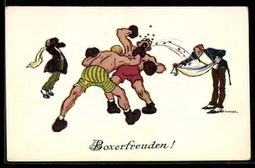 Künstler-AK Ernst Kutzer: Boxerfreuden!, Zahnverlust nach Kinnhaken