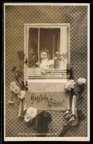 Foto-AK Mädchen in einem Fenster im Passepartout mit Blumen