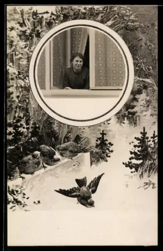 Foto-AK Junge Frau im Fenster in rundem Passepartout mit Vögeln