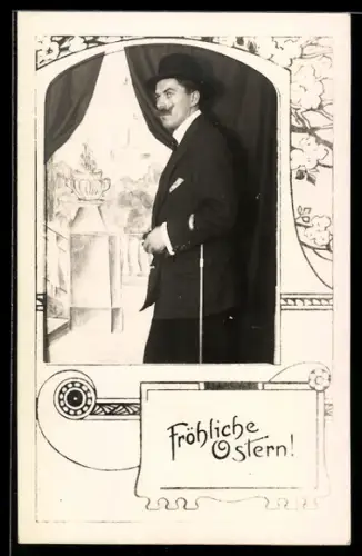Foto-AK Eleganter Herr mit Schnurrbart und Gehstock im Passepartout mit Ostergrüssen