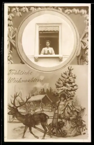 Foto-AK Dame schaut aus dem Fenster, Rahmen mit weihnachtlichem Motiv