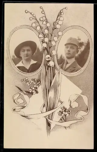 Foto-AK Porträts eines Paares mit Maiglöckchen