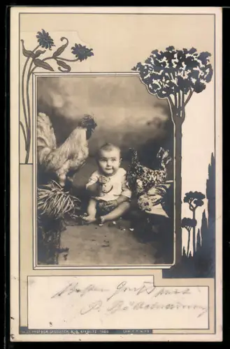 Foto-AK Kleines Kind sitzt zwischen Hühnern, Passepartout