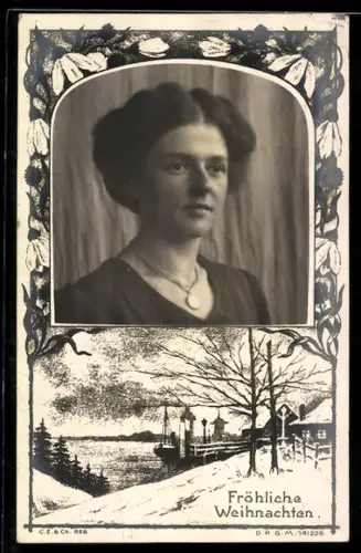 Foto-AK Elegante junge Dame im Passepartout mit Weihnachtsgrüssen