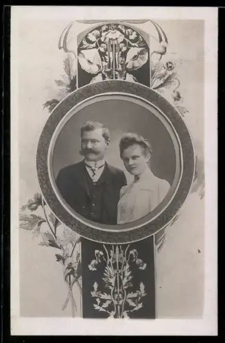 Foto-AK Eleantes Paar in rundem Passepartout mit Blumen