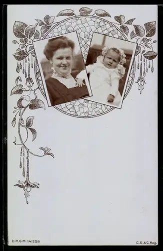 Foto-AK Mutter mit Säugling im Passepartout mit Blättern