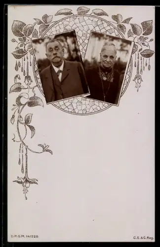 Foto-AK Älteres Paar mim Passepartout mit Blättern