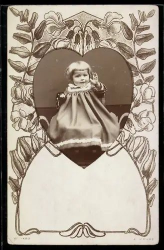 Foto-AK Kleines Kind in langem Kleid, Passepartout mit Blumen