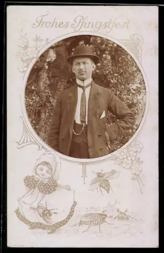 Foto-AK Porträt eines eleganten Herrn im Passepartout mit Pfingstgrüssen