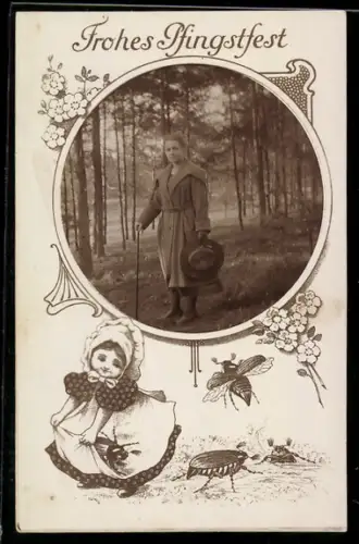 Foto-AK Elegante Dame im Wald, Passepartout mit Pfingstgrüssen