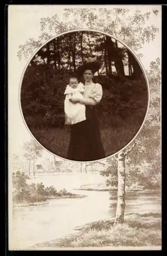 Foto-AK Mutter mit ihrem Kind auf einer Wiese, Passepartout mit Seelandschaft