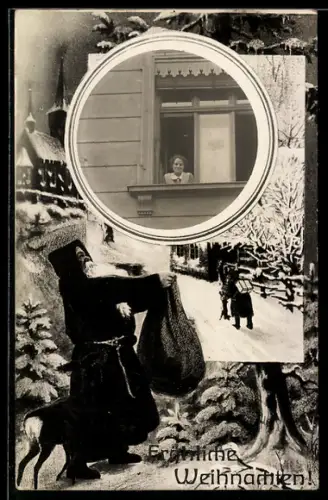 Foto-AK Junge Frau am Fenster eines Hauses, Passepartout, Weihnachtsmann, Weihnachtsgruss