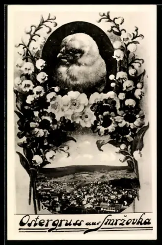 Foto-AK Smrzovka, Ortsansicht, Osterküken, Blumen-Passepartout, Ostergruss