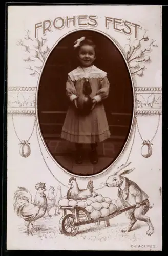Foto-AK Kleines Mädchen mit Ball, Osterhase schiebt Eierwagen, Hühner, Ostergruss