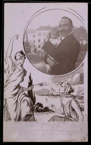 Foto-AK Herr mit Kleinkind vor einem Wohnblock, Passepartout, Junge Damen am Wasser