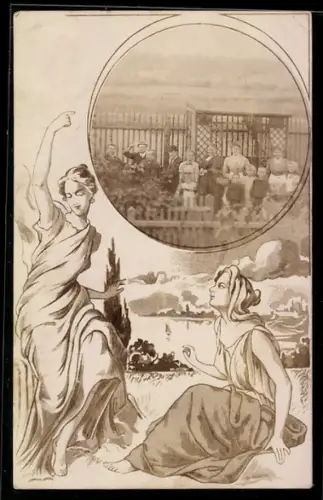 Foto-AK Fröhliche Gruppe in einem Garten, Passepartout, Junge Damen am Wasser