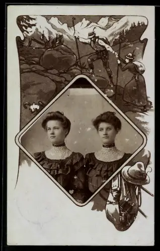 Foto-AK Zwei junge Damen in Rüschenkleidern, Passepartout, Paar in den Bergen
