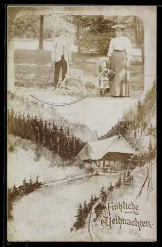 Foto-AK Paar mit kleinem Mädchen in einem Park, Haus im Schnee, Weihnachtsgruss