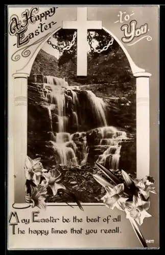 Foto-AK Wasserfall, Narzissen, Tor-Passepartout mit Kreuz, Ostergruss