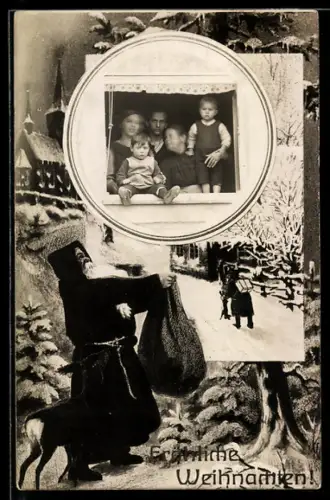 Foto-AK Familie mit Kindern u. Grossmutter, Weihnachtsmann-Passepartout, Weihnachtsgruss