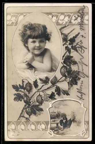 Foto-AK Lächelndes kleines Mädchen, Stachelbeeren-Passepartout, Mädchen mit Kahn