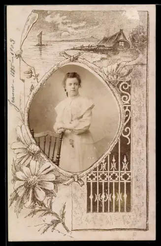 Foto-AK Junge Dame im weissen Kleid, Ast-Passepartout, Haus am Wasser, Gusseisenzaun, Blume