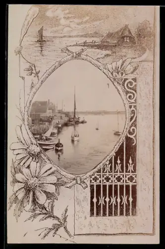 Foto-AK Hafenpartie, Ast-Passepartout, Haus am Wasser, Gusseisenzaun, Blume