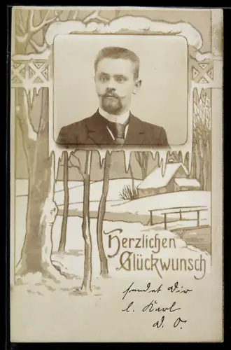 Foto-AK Eleganter Herr mit Bart, Eiszapfen-Passepartout, Schnee-Idylle