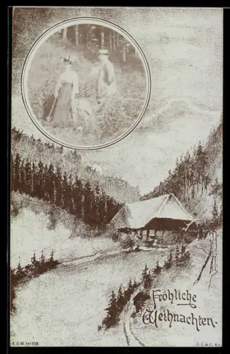 Foto-AK Paar im Sonnenschein, Passepartout, Berg-Idylle, Weihnachtsgruss