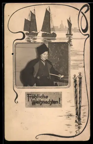 Foto-AK Junge Dame mit Fellmütze und Tonpfeife, Segelschiffe, Ornament-Passepartout, Weihnachtsgruss