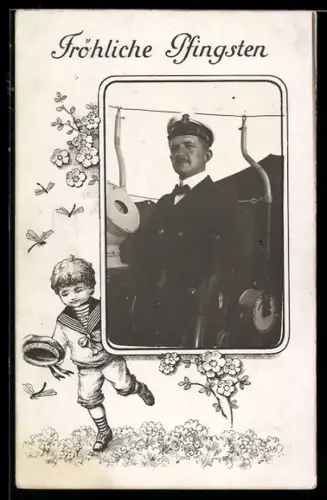 Foto-AK Herr mit Marinemütze, Passepartout, Knabe im Matrosenanzug, Pfingstgruss