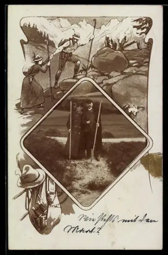 Foto-AK Paar mit Wanderstöcken, Passepartout, Bergsteigendes Paar